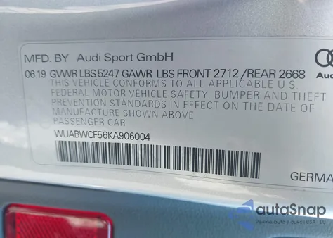 2019 Audi Rs 5 Sportback 2.9T (Tiptronic) (No Longer Available For Ordering) z USA, uszkodzony, nr VIN WUABWCF56KA906004